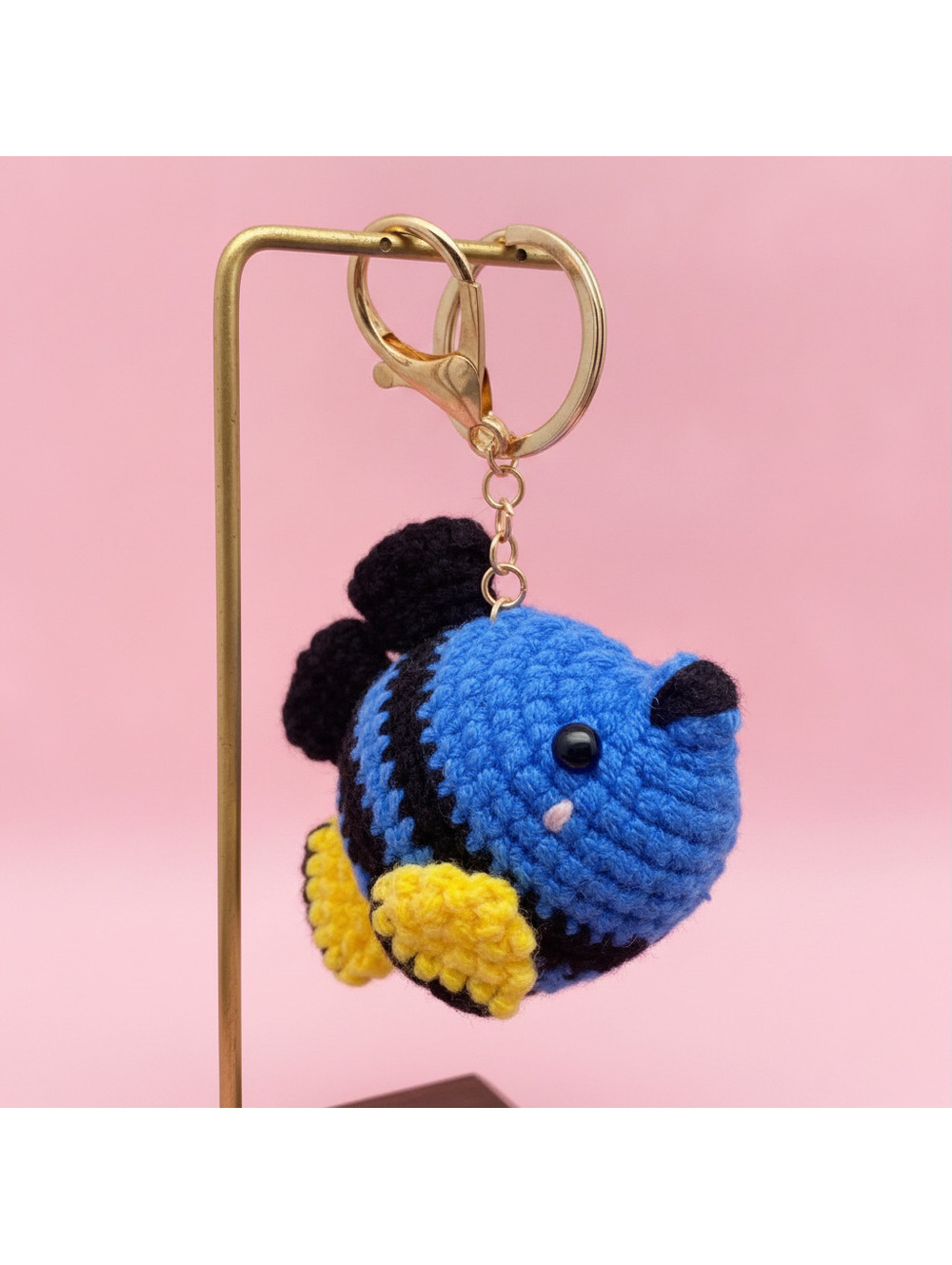 Handmade Crochet Fish Keychain Blue Yellow Black